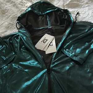 Famous brand KI  Sheer teal shimmery hooded zip up jacket size small NWT LOOK